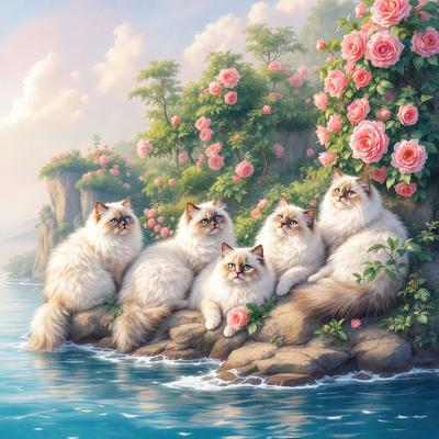 The primary subject of the image is a group of cats sitting on a rock in a water-filled environment. The setting includes a body of water, possibly a lake, and a rocky landscape. The visual style of the image is a painting, which adds a sense of artistic expression and creativity to the scene. The colors and mood of the painting are predominantly pink, which gives the image a warm and inviting atmosphere.